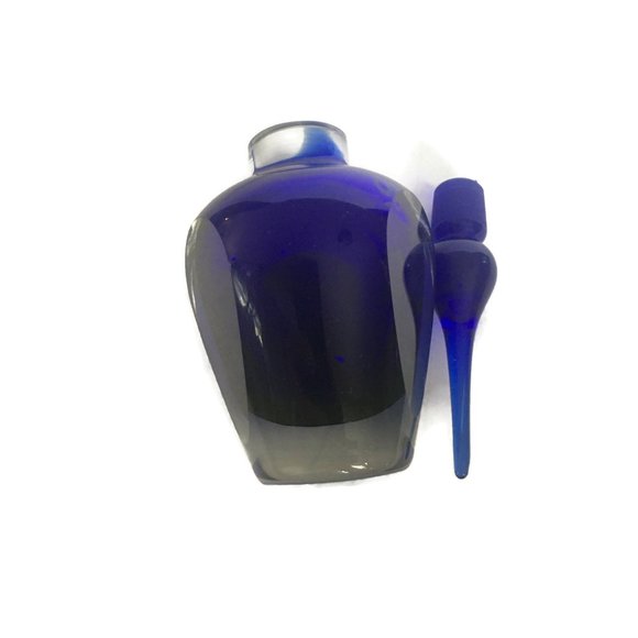 STUDIO ART GLASS Crystal Perfume Bottle Hand Blown Stopper Clear Over Cobal Blue - Picture 7 of 10